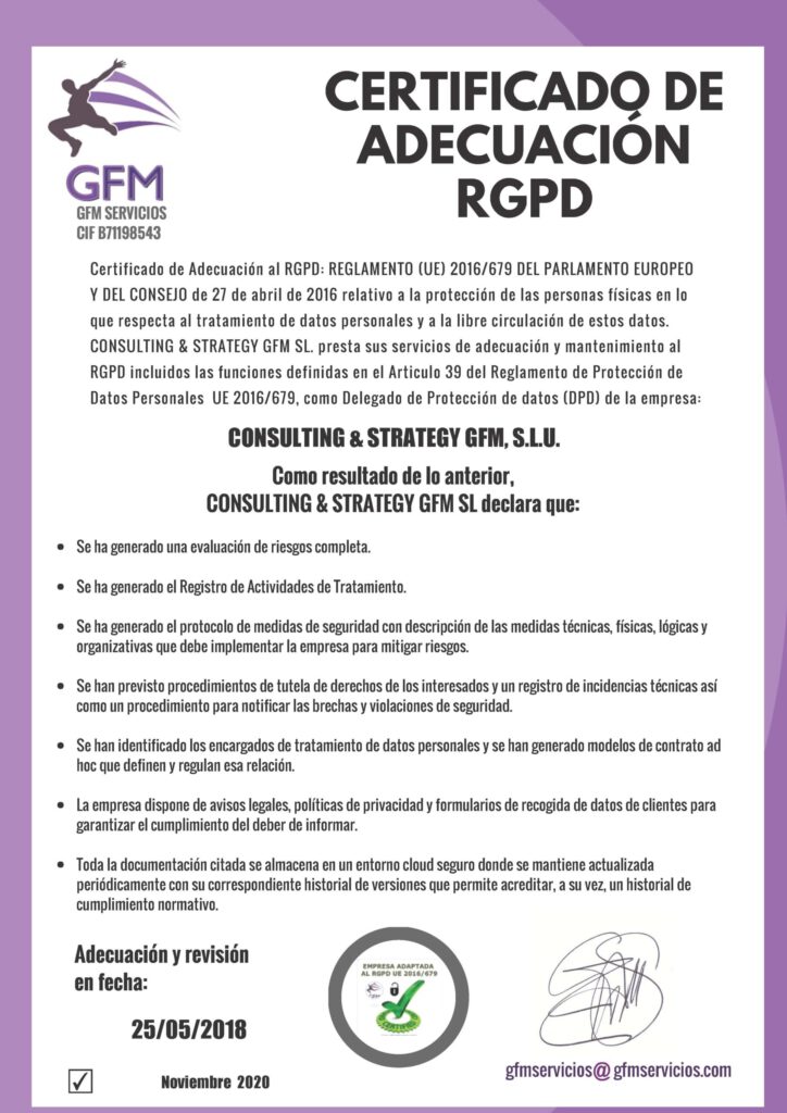 Certificado Adecuación 2020 (imagen para la web) CONSULTING & STRATEGY GFM, S.L.U.
